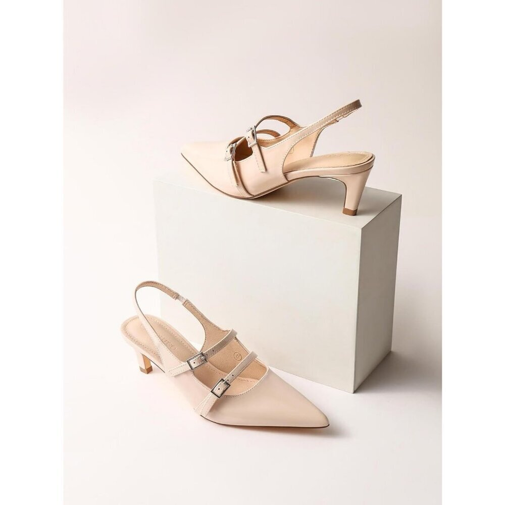 Women's Slingbak Ktiten Pumpe Closed  Pointed Toe Heels Wedding Dress Shoe Beige - Picture 2 of 6